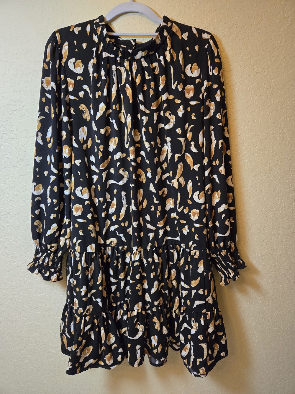 Nine West XL Black & Tan Abstract Print Long Sleeve Tiered Dress